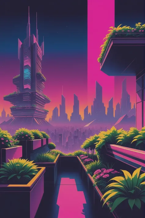 1980s synthwave cyberpunk, rooftop garden in a epic scifi city beyond the beginning of the universe, masterpiece<lora:synthwave1...