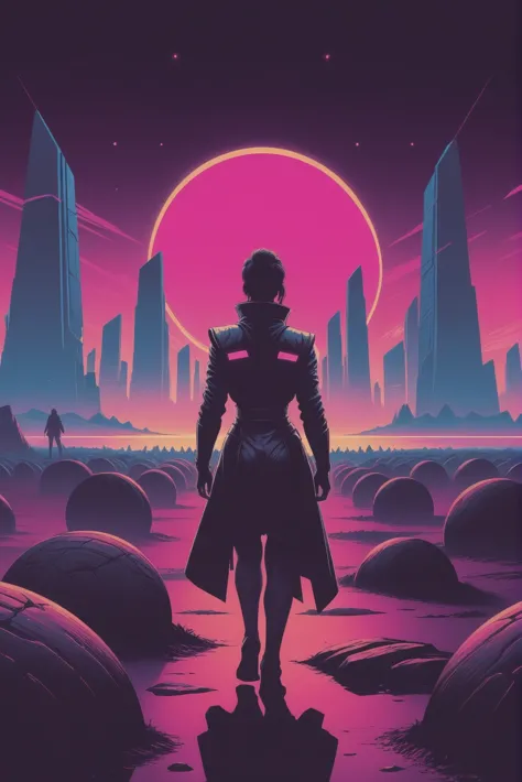 1980s synthwave cyberpunk, guardian stone circles<lora:envystarlightsynthwave01:1>