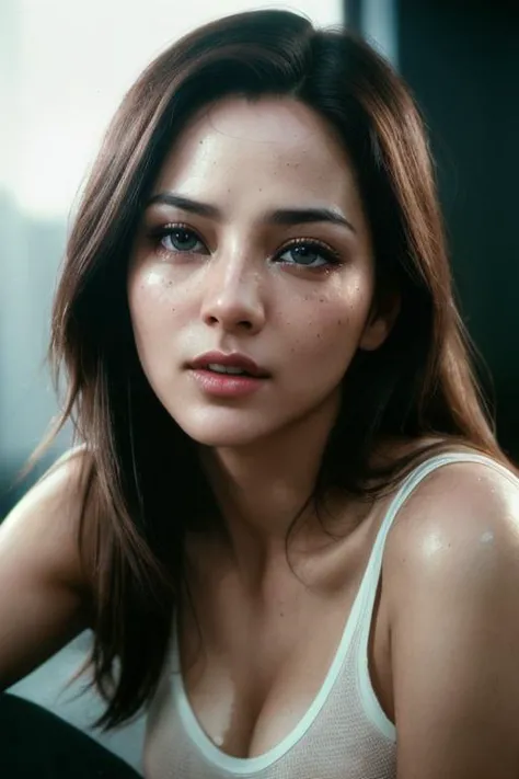 a woman with long hair and a white tank top sitting on a couch