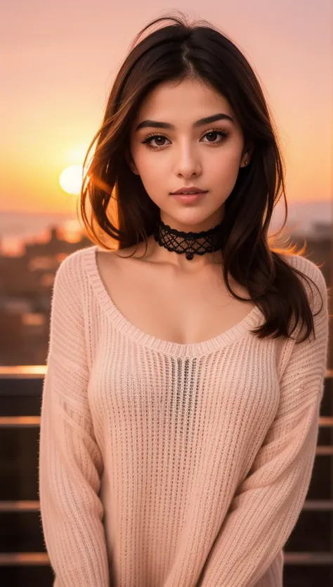 a woman in a sweater posing for a picture with the sun setting behind her