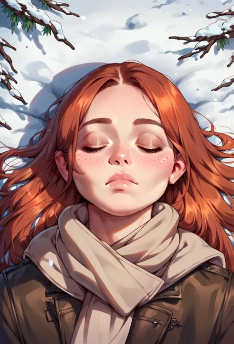 a woman with red hair and a scarf is laying down in the snow