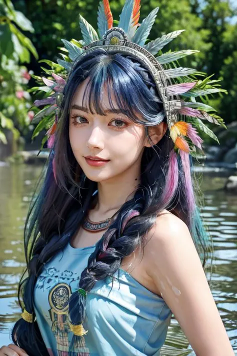 highly insanely detailed, masterpiece, top quality, best quality, highres, 4k, 8k, RAW photo, (very aesthetic, beautiful and aesthetic),  
1girl, 
mesoamerica, looking at viewer, upper body, necklace, grin, headdress, 
medium hair ,blue hair ,rainbow hair, Iridescence hair,streaked hair ,milkmaid braid hair, crown braid hair, long layers hair, side-swept bangs hair ,leaf hair,spiked hair,abstract representation of the girl in her flowing hair, 
(sparkling silver eyes)   ,thick eyelashes ,green eyelashes  , 
pure cyan background, transparent background, 
(flower, falling petals, petals on liquid, petals, cherry blossom:0.8), 
bath, bathing, steamâââ