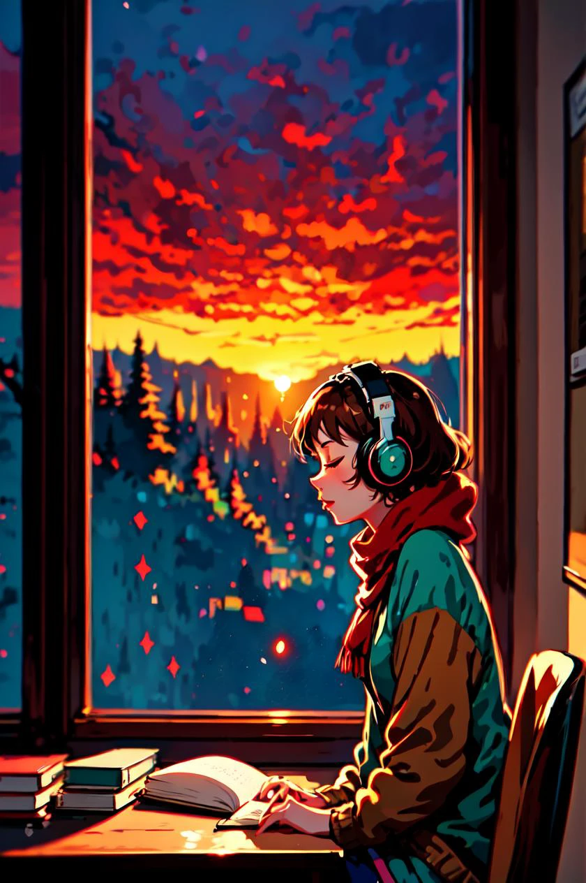 Meisterwerk, beste Illustration, ((Anime-Serie)), 1 Mädchen, Allein, Kopfhörer, braune Haare, geschlossene Augen, Fenster, drinnen, red Schal, Sitzung, Baum, Schal, Pullover, kurzes Haar, desk, Sonnenuntergang, Buch, Von der Seite, verschwommen