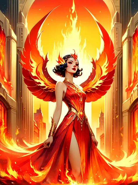 score_9,score_8_up,,score_7_up,,<lora:art_deco_pony:0.8>,
artdecostyle, 1girl, solo, fire, dress, jewelry, wings, red lips, bare shoulders, standing, building, black hair, lipstick, , hair ornament