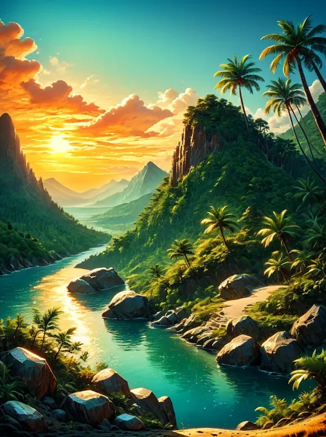 score_9,score_8_up,,score_7_up,,<lora:art_deco_pony:0.8>,
artdecostyle,
, no humans, scenery, outdoors, tree, sky, water, cloud, plant, sunset, rock, day, mountain, sunlight, palm tree, blue sky, nature