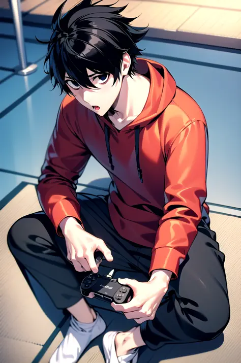 (masterpiece,best quality, detailed), 1boy, male focus,  indoors, sitting, from above, headphones, looking away,
l lawliet, otaku, socks, :o, game controller, holding, holding controller, pink hoodie,  (track pants:1.3)