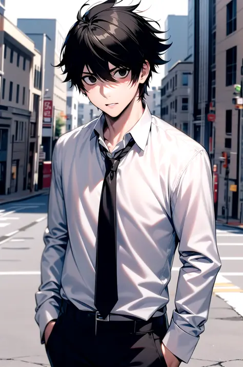 (masterpiece,best quality, detailed), 1boy, male focus, looking at viewer, upper body, outdoors, street,
l lawliet, formal, black suit, necktie