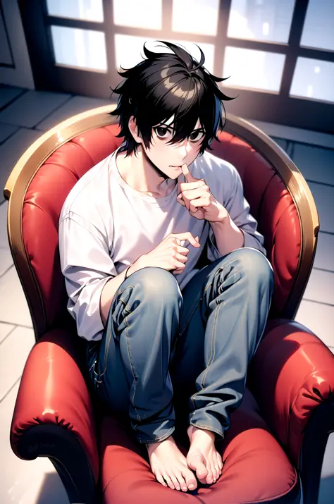 (masterpiece,best quality, detailed), 1boy, male focus, looking at viewer, full body, indoors, sitting, knees up, armchair,
l lawliet, white shirt, jeans, barefoot, finger to mouth