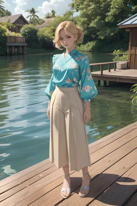 (masterpiece, best quality), 1girl, Golden Blonde Taper Fade with Textured Top, Sizes I to L breasts, Aqua Puff-sleeve wrap blouse with a floral print. and Pleated culottes, legwear garter, Resting on a wooden dock, feet dipped in water, feeling serene.