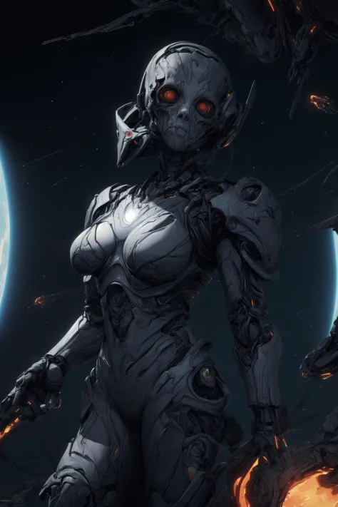 a woman in a futuristic suit standing in front of a planet