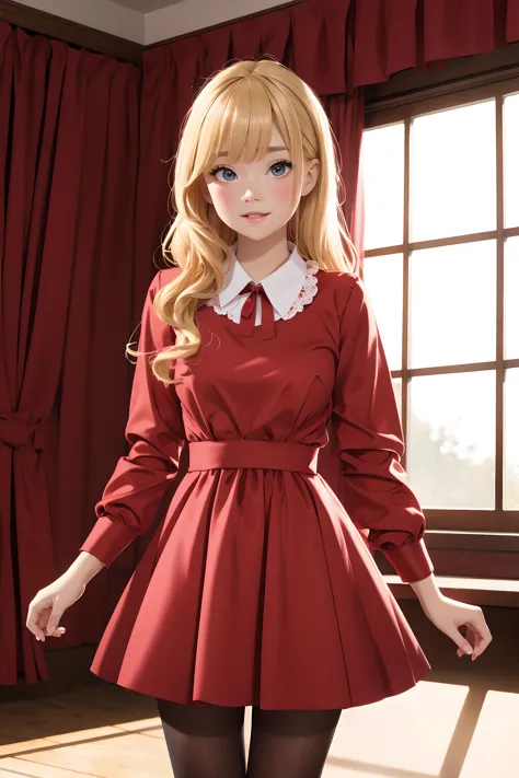 (masterpiece, best quality), 1girl, blonde hair, red dress,, cute face, blush,