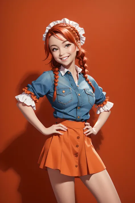 (masterpiece, best quality), 1girl, Orange-red Messy Side Braid, big breasts, Crimson Smocked ruffle-sleeve top and Denim skater...