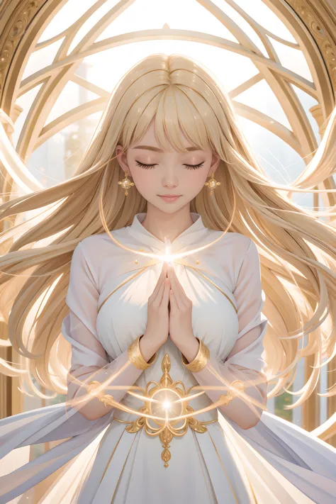 a woman with long blonde hair and a white dress is praying