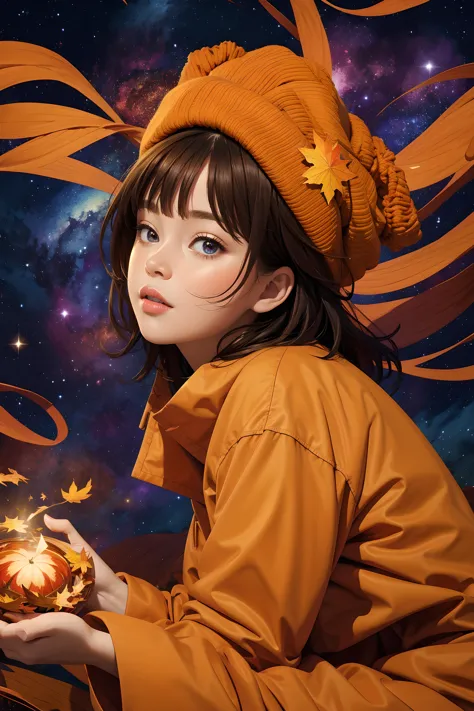 (masterpiece, best quality), 1girl, Cozy Autumn themed Galaxy, flowing, swirling Autumn colors, high contrast, bright stars, Autumn galaxy, fall decor, Autumn elements