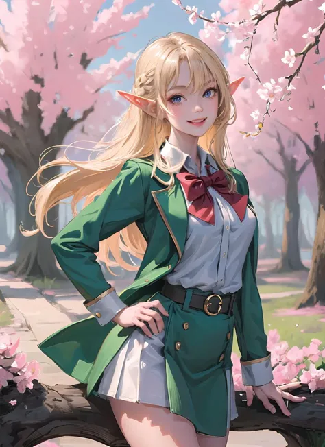 anime girl in green jacket and white skirt posing in front of cherry blossoms