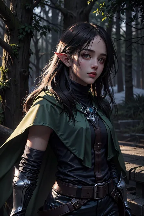 a close up of a woman in a green outfit with a sword