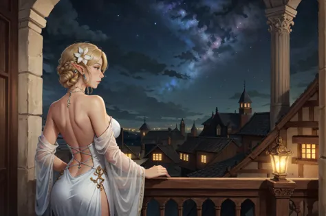 1girl priestess, medieval princess, pondering over high castle balcony, (looking outside, looking afar:1.2),(from behind:1.1), head back,  shoulder blades, bare back, bare shoulders, dirty blonde hair, large medieval town, hands on balcony, silk clothes, midnight, starry sky, moonlight, elf, (pointy ears:0.8), crystal jewelry,hair flower , beautiful, masterpiece, high quality, realistic   <lyco:nonHentaiElfRangerDruid_v10:0.7>