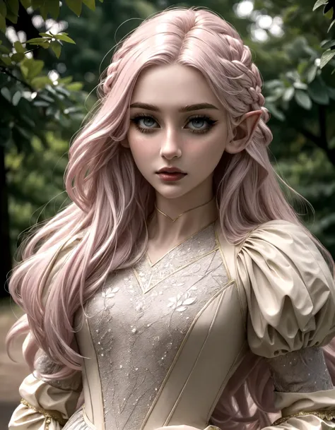 a close up of a woman with pink hair wearing a dress