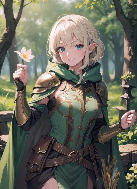 a woman in a green dress holding a flower and a sword