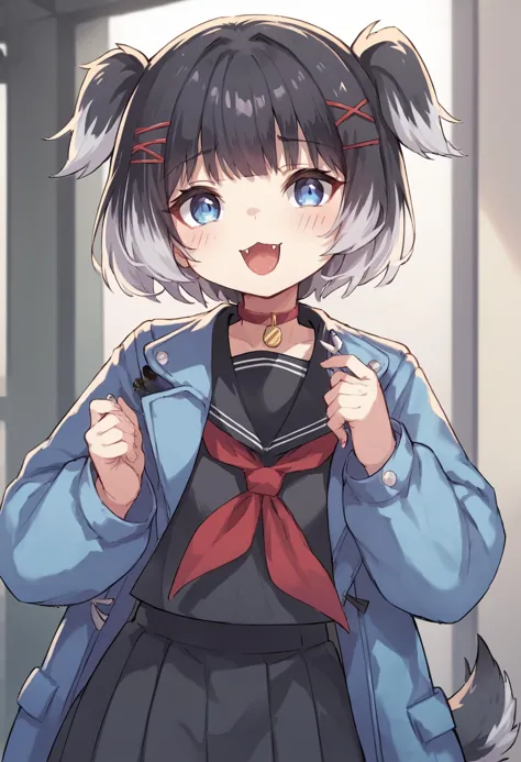 anime girl with a blue jacket and red tie holding a black purse