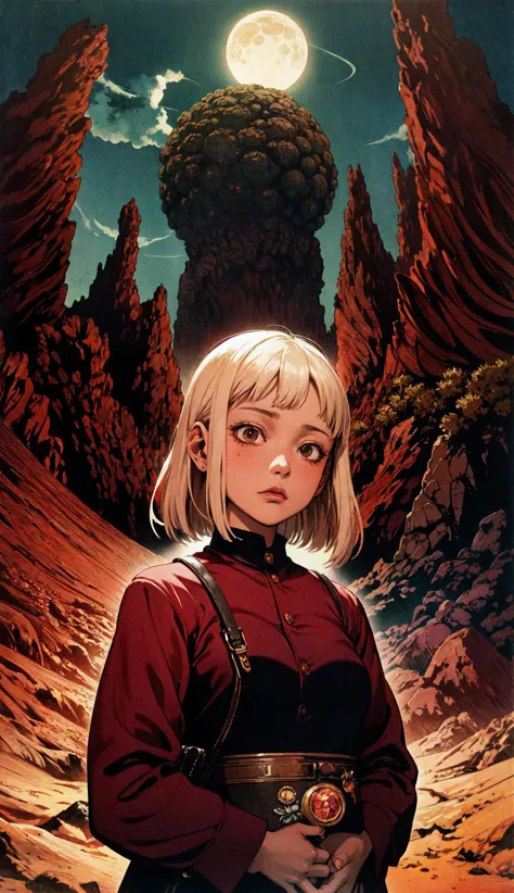 a woman in a red shirt standing in front of a mountain