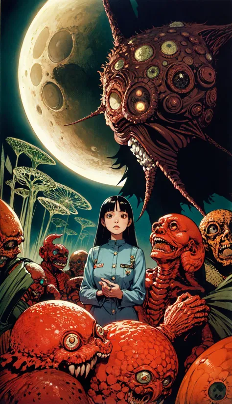 a poster of a woman surrounded by monsters and a giant alien