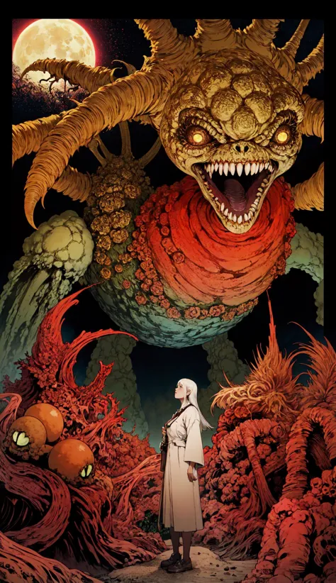 a poster of a man standing in front of a giant monster