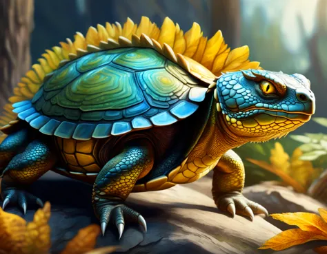 illustration, concept art, high quality, 8k, a large earth dragon hybrid turtle, painted shell, yellow eyes, colored scales, hig...