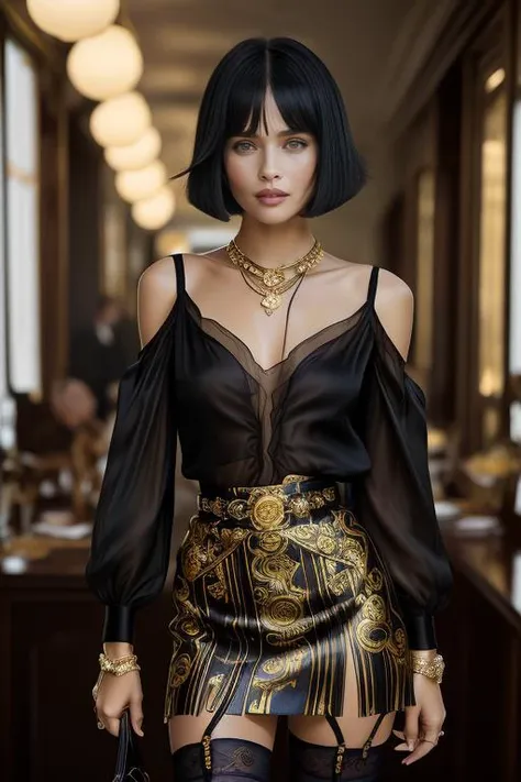 a woman in a black top and gold skirt posing for a picture