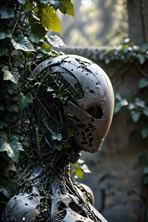 noface cyborg made from fractal vines, concret wall, ivy, planttsziprealism SK_CINEMATIC, masterpiece, best quality, ultra high res, (photorealistic, realistic:1.2), deep shadow, raw photo, film grain, Fujifilm XT3, 8k uhd, dslr, 