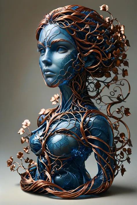 ral-copperwire statue d'une femme par Aaron Horkey faite de vignes fractales, fractalvines ral-blueresin, chef-d&#39;œuvre, Meilleure qualité, ultra haute résolution, (photoRéaliste, Réaliste:1.2), ombre profonde, photo brute, grain de film, Fujifilm XT3, 8k euh, Reflex numérique