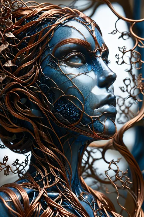 ral-copperwire statue of a woman by Aaron Horkey made from fractal vines, fractalvines ral-blueresin, masterpiece, best quality, ultra high res, (photorealistic, realistic:1.2), deep shadow, raw photo, film grain, Fujifilm XT3, 8k uhd, dslr