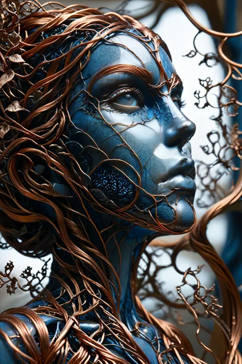 ral-copperwire statue of a woman by Aaron Horkey made from fractal vines, fractalvines <lora:Fractal_Vines:1>  <lora:ral-copperwire:0.7>   <lora:ral-blueresin:1> ral-blueresin, <lora:EnvyBetterHiresFixXL01:1>, masterpiece, best quality, ultra high res, (photorealistic, realistic:1.2), deep shadow, raw photo, film grain, Fujifilm XT3, 8k uhd, dslr