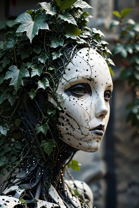 a close up of a statue of a woman with a plant on her head