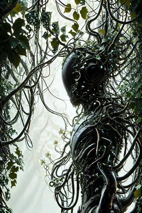 noface cyborg overgrown (fractal vines cablelink,:1.4), white flower, ivy, plants, <lora:Faceless_Cyborgs:0.6>  <lora:Fractal_Vi...