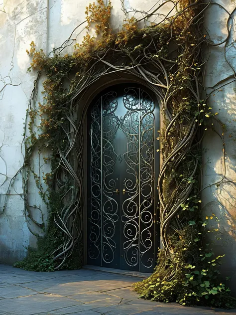 Fractalvines, A mysterious door with intricate patterns made from fractal vines, leading to an unknown magical realm <lora:Fract...