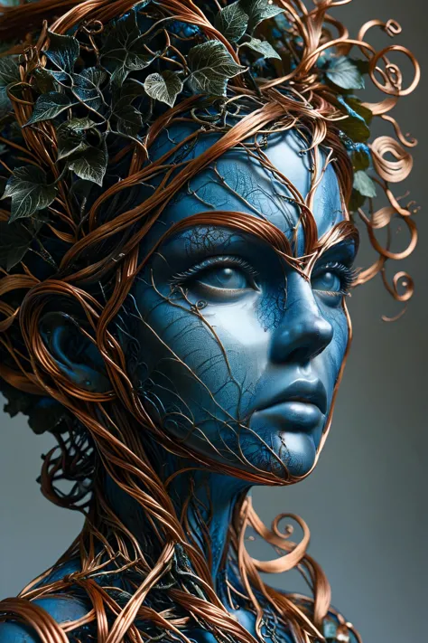 ral-copperwire statue of a woman by Aaron Horkey made from fractal vines, fractalvines <lora:Fractal_Vines:1>  <lora:ral-copperwire:0.7>   <lora:ral-blueresin:1> ral-blueresin, <lora:EnvyBetterHiresFixXL01:1>, masterpiece, best quality, ultra high res, (photorealistic, realistic:1.2), deep shadow, raw photo, film grain, Fujifilm XT3, 8k uhd, dslr