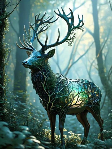 Fractalvines, A majestic stag with antlers made from fractal vines, its coat shimmering with iridescent colors as it roams throu...