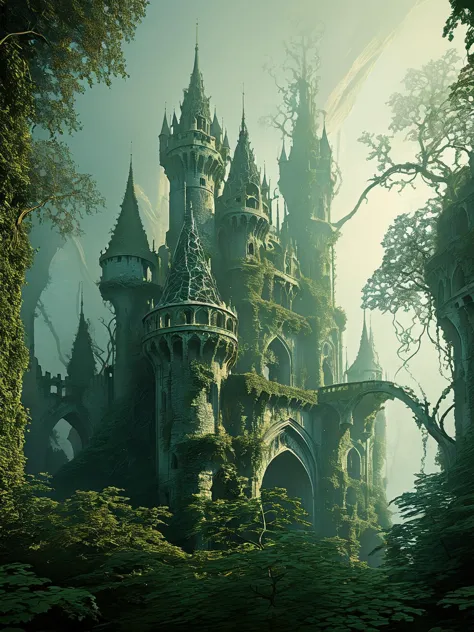 Fractalvines, A fantasy castle emerging from the mist, its stone walls and towering spires made from fractal vines 