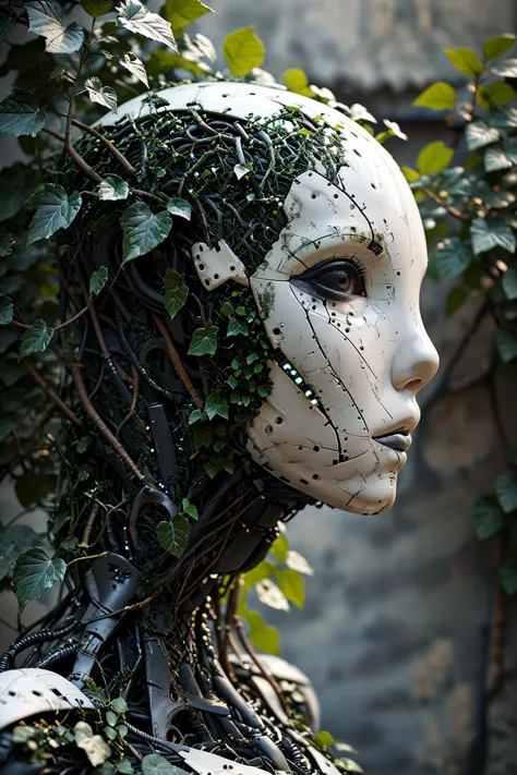 noface cyborg made from fractal vines, concret wall, ivy, plantts<lora:Faceless_Cyborgs-000014:0.8>  <lora:Fractal_Vines:1>  zip...