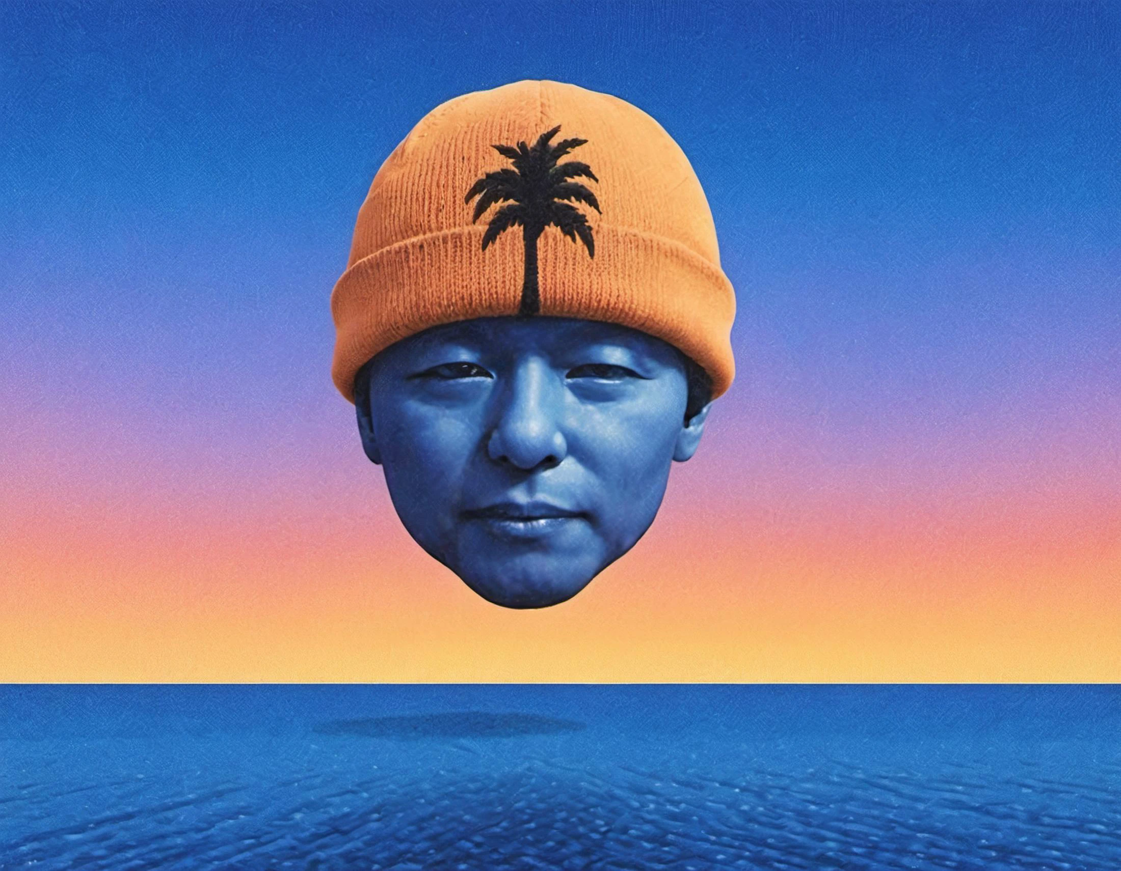 plage, palmier, le soleil s&#39;est transformé en la forme rougeoyante de la tête désincarnée d&#39;un homme coiffé d&#39;un bonnet tricoté flottant dans le ciel, ciel dégradé, 