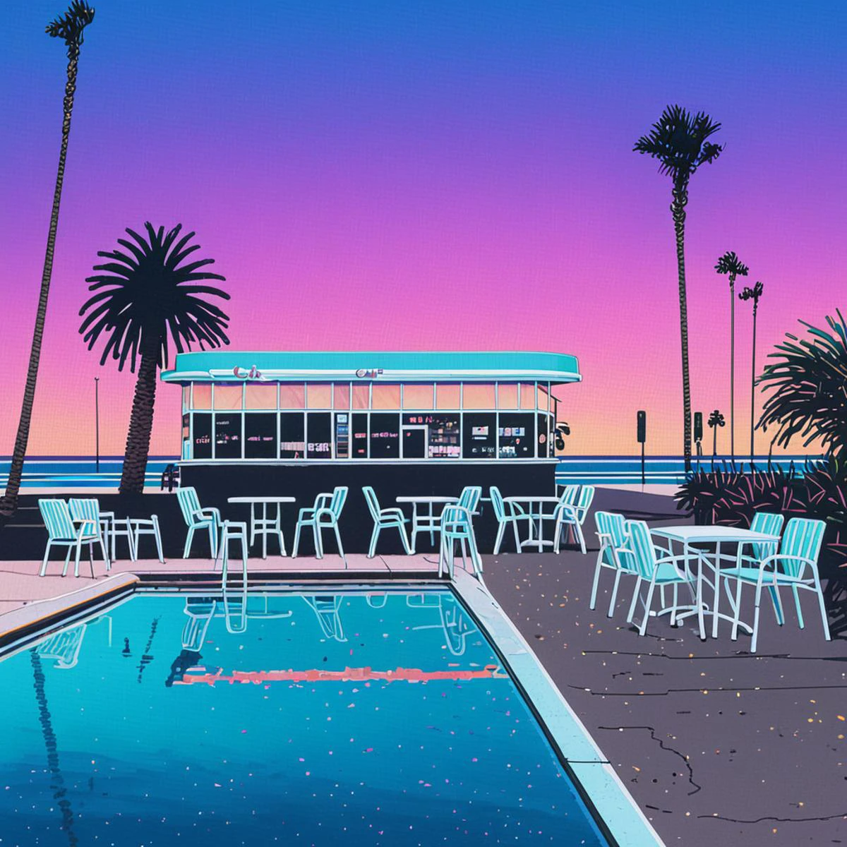 Lifted view of A Vintage 80's Cafe with pool surrounded by beach and Palm Trees at sunset, céu gradiente, reflexão da água, estrada, cadeiras, prédio, 
