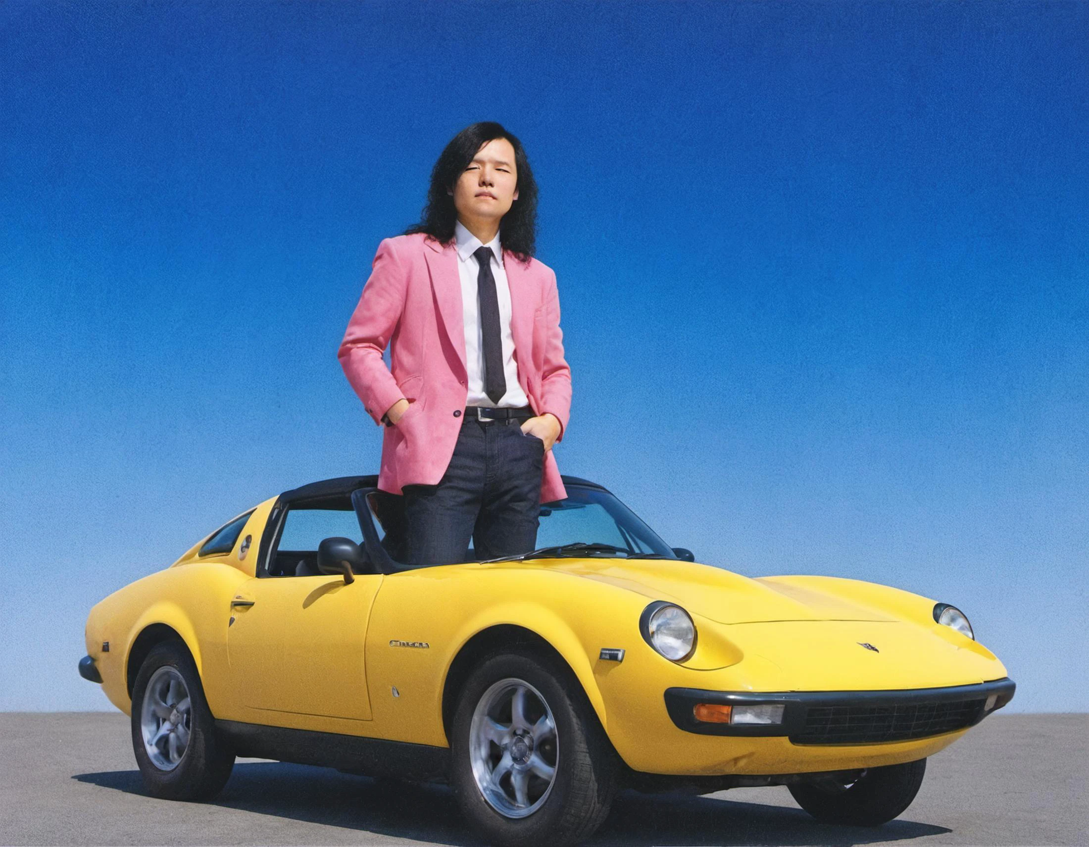 sunny day, awesome cool motorized young man in a blazer torso grafted to the top of a sports car, gradient, insane, Tatsuro approved,  