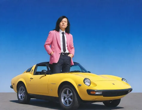 sunny day, awesome cool motorized young man in a blazer torso grafted to the top of a sports car, gradient, insane, Tatsuro appr...