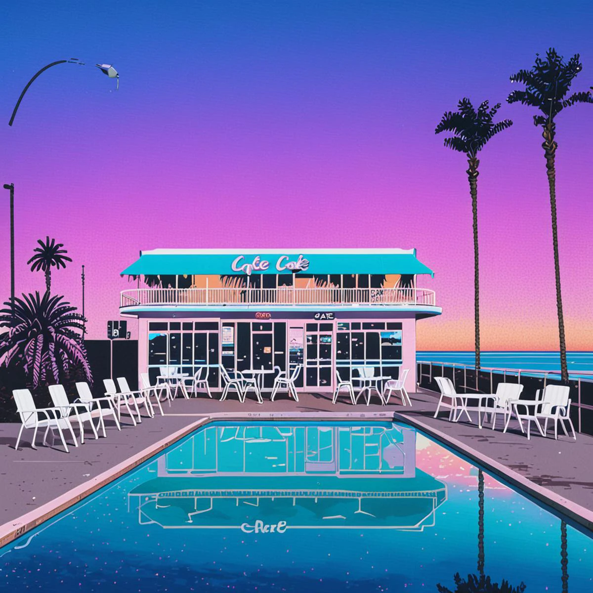 Lifted view of A Vintage 80's Cafe with pool surrounded by beach and Palm Trees at sunset, gradient sky, water reflection, road, chairs, building, 