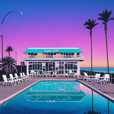 Lifted view of A Vintage 80's Cafe with pool surrounded by beach and Palm Trees at sunset, gradient sky, water reflection, road,...