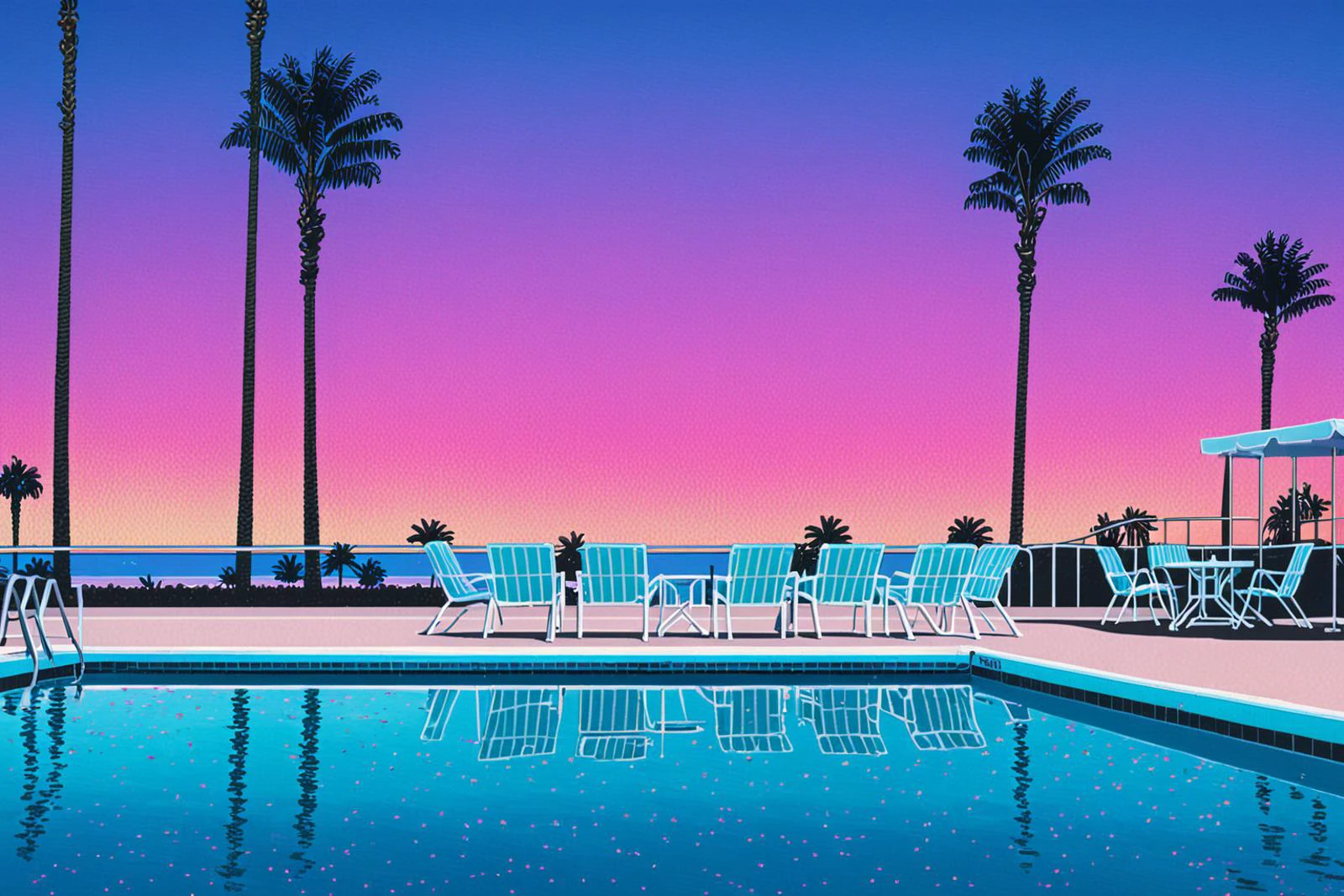 Lifted view of A 80's pool surrounded by beach and Palm Trees at sunset, gradient sky, water reflection, road, chairs, 