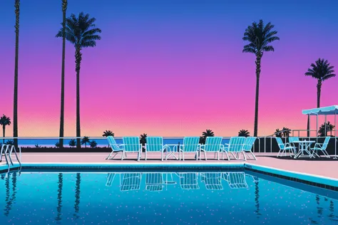 Lifted view of A 80's pool surrounded by beach and Palm Trees at sunset, gradient sky, water reflection, road, chairs, <lora:Hir...