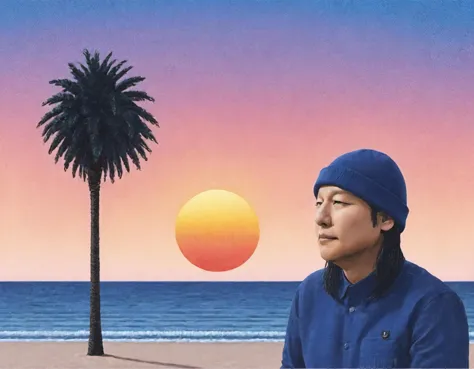 beach, palm tree, the sun is the disembodied head of a man in a knit cap is the sun, gradient sky, <lora:Hiroshi_Nagai_XL-000004...