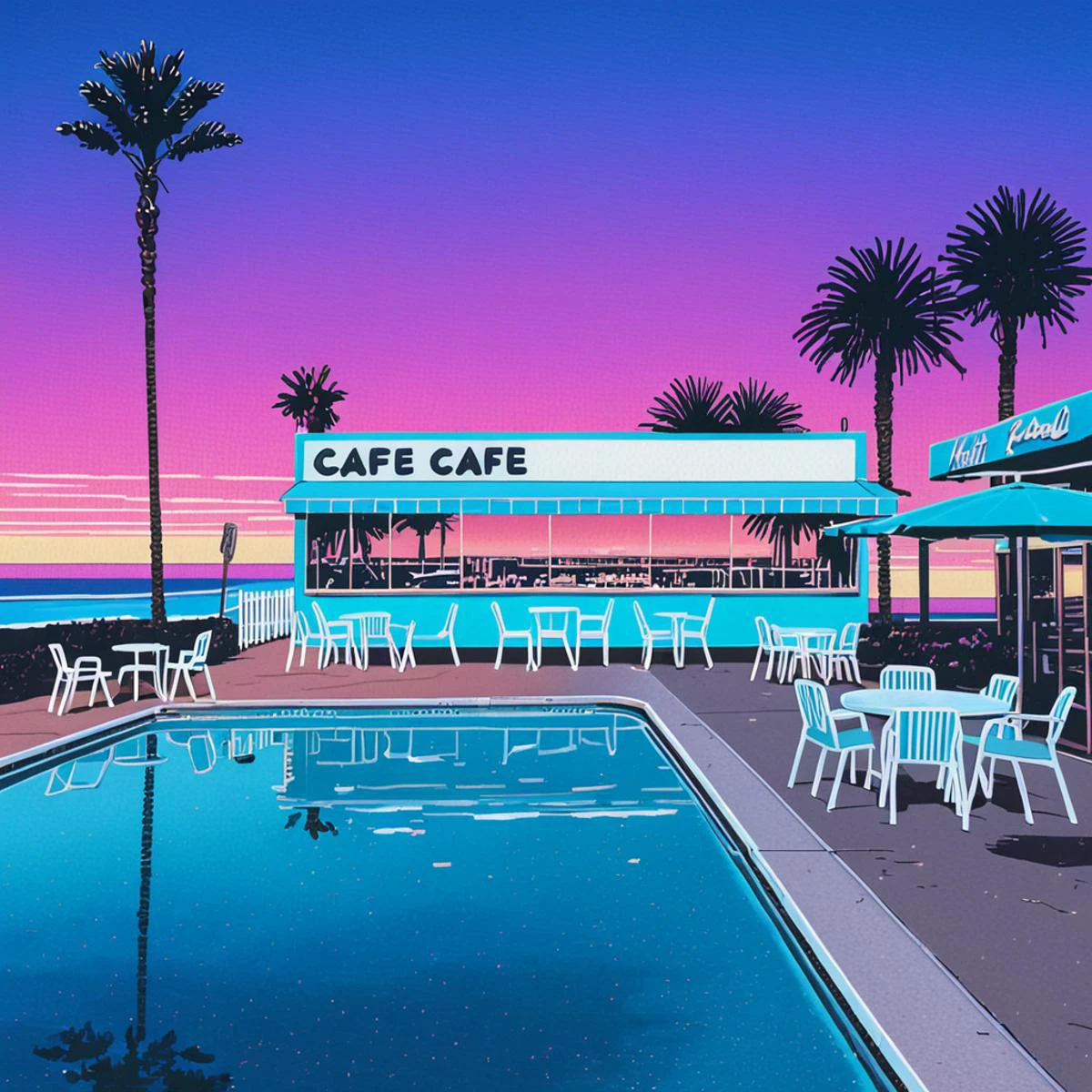 Lifted view of A Vintage 80's Cafe with pool surrounded by beach and Palm Trees at sunset, グラデーションの空, 水の反射, 道, 椅子, 建物, 